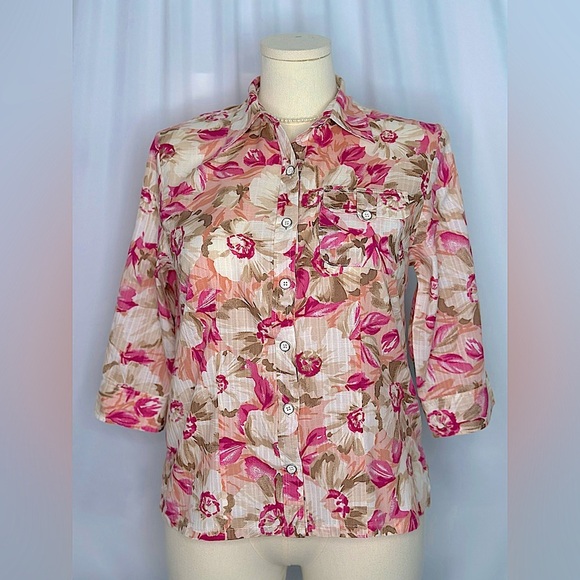 Karen Scott Tops - Karen Scott Pink Floral Button Down Shirt with Notched Collar(829)